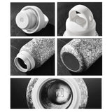 Microscopic view of a white cylindrical object with textured surface and visible brand logo.