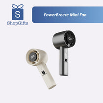Two PowerBreeze mini fans on a white background with ShopGifts logo.