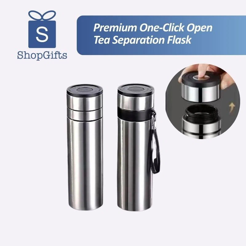 Brushed silver Executive One-Click Tea Infusion Flask with leather strap and tea separation chamber _ Corporate gifts