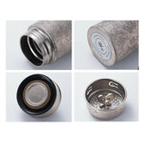 Premium Titanium Thermos Bottle Collage of a textured metal container with different views 