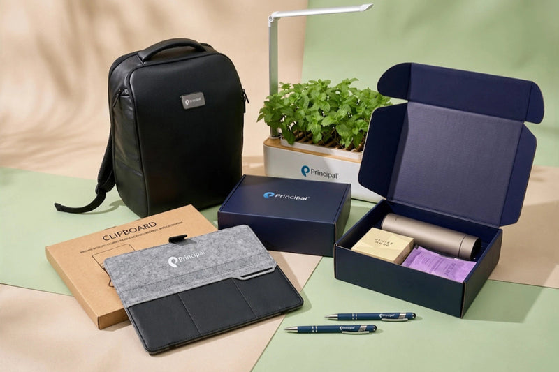 A curated gift set from Principat on a styled beige and sage green background. The set includes a black backpack, a navy blue gift box containing a notebook, pens, and a small plant, a navy blue box with a tablet sleeve, and a brown cardboard box labeled CLIPBOARD.