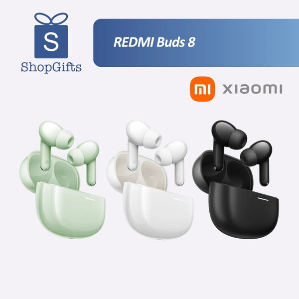 REDMI Buds 8 ANC Wireless Earbuds (To be confirmed) in green, white, and black with charging cases.
