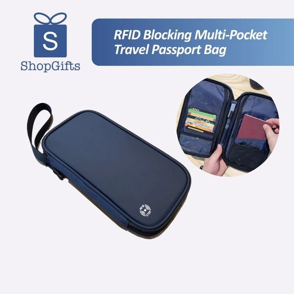 Navy Blue RFID Blocking Executive Travel Document Organizer with wrist strap