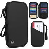 Black RFID Blocking Executive Travel Document Organizer with wrist strap on white background