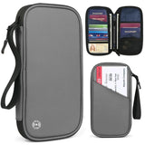 Grey RFID Blocking Executive Travel Document Organizer with wrist strap on white background