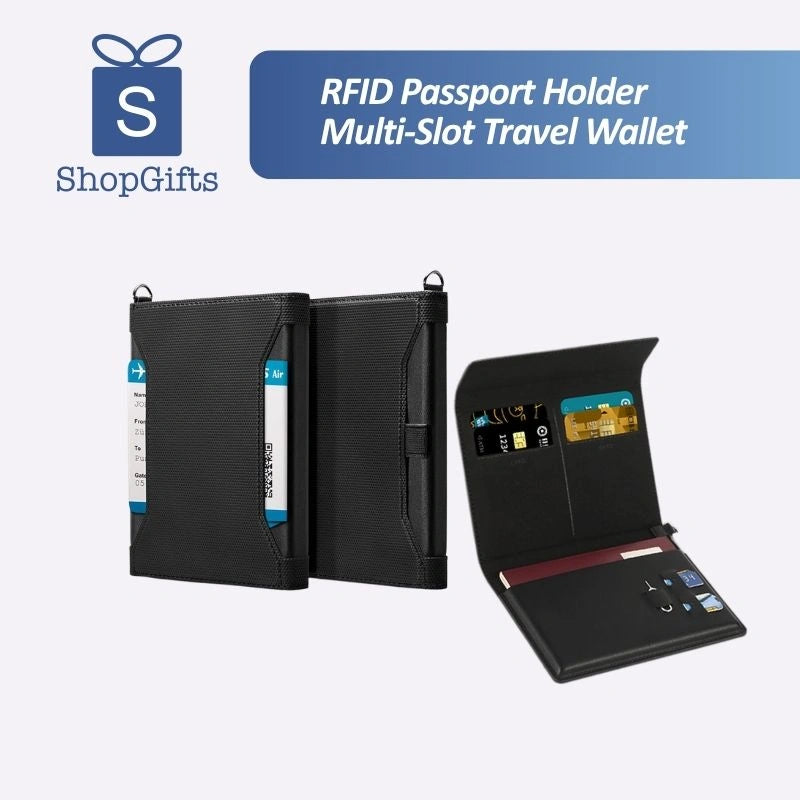 Black RFID Blocking Executive Travel Passport Organizer with card slots and SIM card storage on a minimalist background_customised corporate gifts singapore