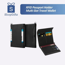 Black RFID Blocking Executive Travel Passport Organizer with card slots and SIM card storage on a minimalist background_customised corporate gifts singapore