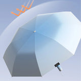 White umbrella with a brand label against a light blue background