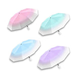 Four gradient umbrellas in pink, blue, and purple on a white background