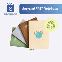 Recycled RPET notebook with eco-friendly cover, ideal for sustainable corporate gifting.