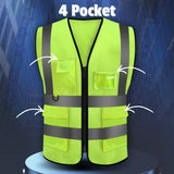 Neon Yellow High-Visibility Reflective Safety Vest with 4 utility pockets and silver reflective strips- corporate gift
