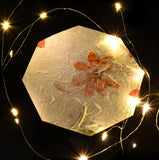 Decorative paper with floral design surrounded by string lights on a dark background
