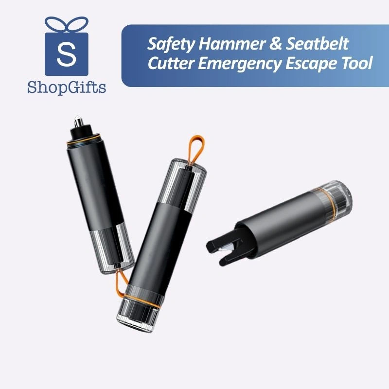 Sleek black Professional Mini Automotive Emergency Escape Tool with orange lanyard and tungsten steel tip Safety Hammer _ Seatbelt Cutter_ Corporate gifts