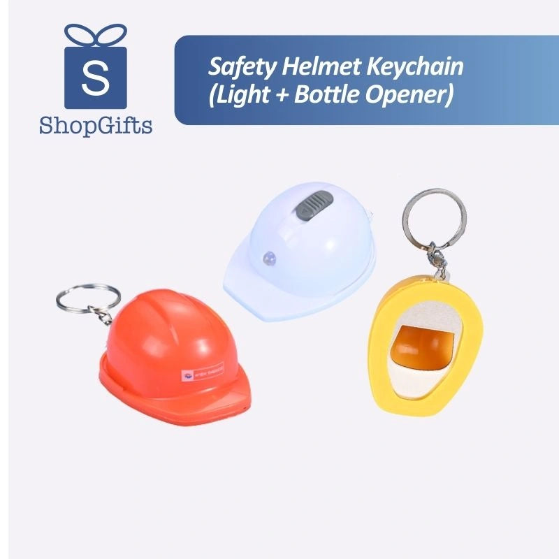 Miniature orange safety helmet keychain with LED light and integrated bottle opener_ corporate gift