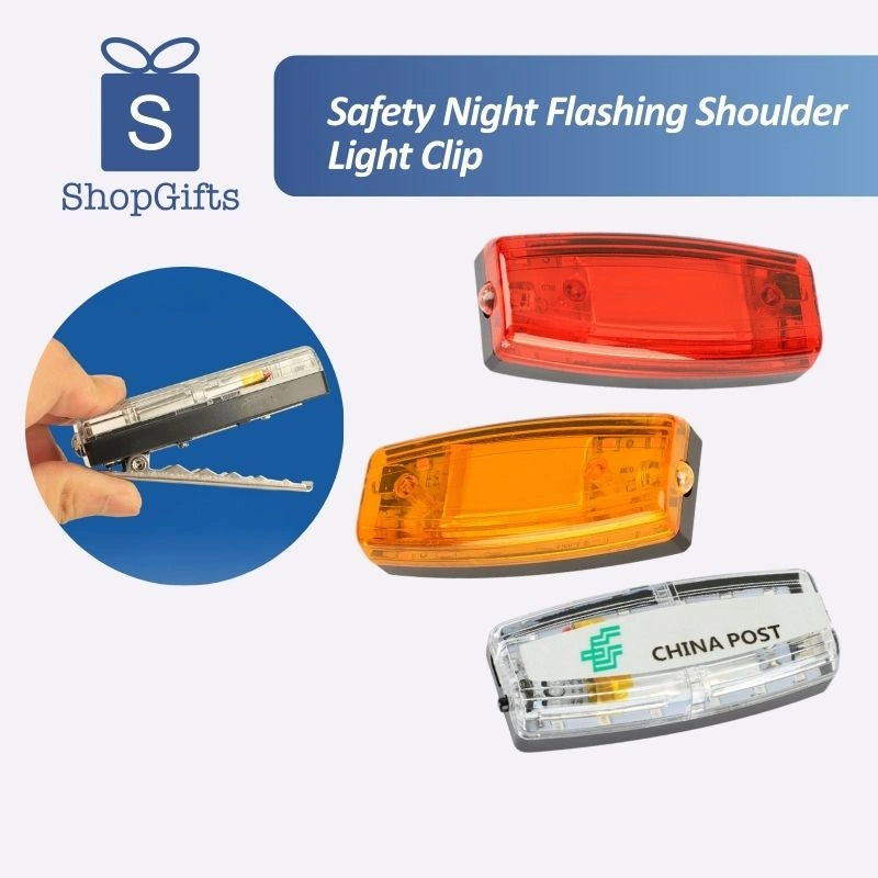 Rechargeable LED safety shoulder clip with red and blue strobe modes and stainless steel mounting clip_corporate gift