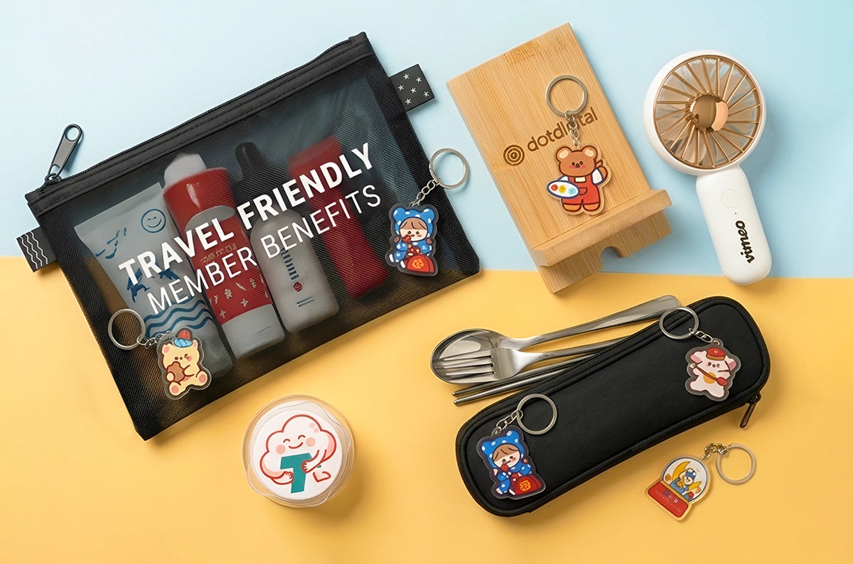 Collection of travel-friendly products including a pouch, keychain, and utensil set on a yellow and blue background.