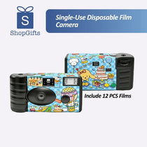 Single-Use Disposable Film Camera - 12 Exposures with blue cartoon artwork and black body for events_Custom Corporate Gifts