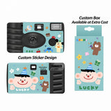 Single-Use Disposable Film Camera - 12 Exposures with blue cartoon artwork and black body for events_Custom Corporate Gifts