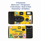 Single-Use Disposable Film Camera - 12 Exposures with blue cartoon artwork and black body for events_Custom Corporate Gifts