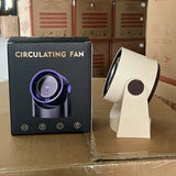 Bladeless fan with packaging on a cardboard surface