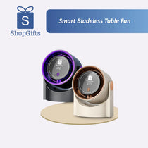 Two smart bladeless table fans on a white background with 'ShopGifts' branding.