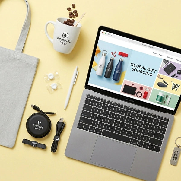 Laptop on a yellow surface with a coffee mug, bag, and various items around it.