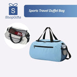 blue Versatile Urban Fitness Travel Duffel Bag with black straps and side mesh pocket for gym and travel _ corporate gifts