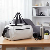 White Versatile Urban Fitness Travel Duffel Bag with black straps and side mesh pocket for gym and travel _ corporate gifts