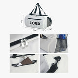 White Versatile Urban Fitness Travel Duffel Bag with black straps and side mesh pocket for gym and travel _ corporate gifts