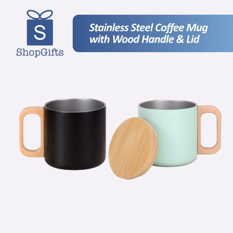 Stainless Steel Coffee Mug with Wood Handle & Lid_Corporate Gifts Supplier Singapoore