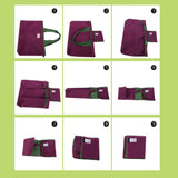 Purple bag with green strap displayed in multiple angles on a green background
