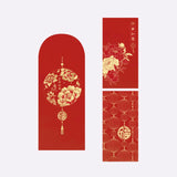 Red envelopes with gold floral and circular patterns on a white background