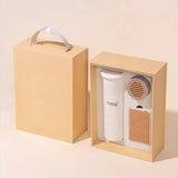 Product set with a white bottle and brown car air freshener in a beige box on a beige background
