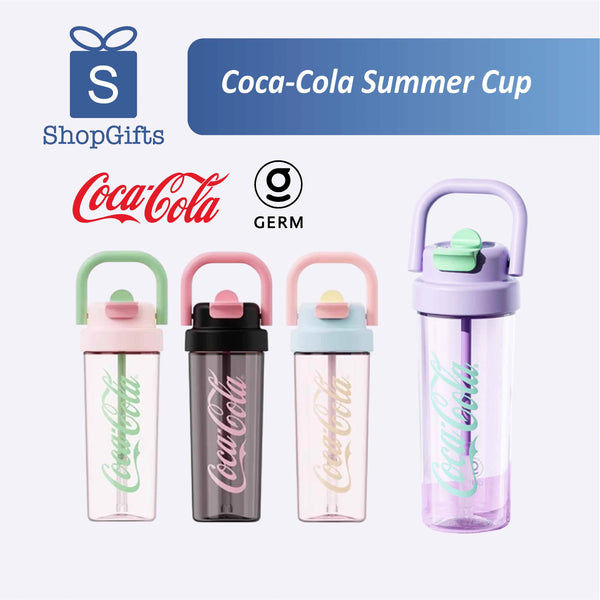 Chilled Coca-Cola Summer Cup with ice cubes and condensation, set against a vibrant sunny background, ideal for summer refreshment.