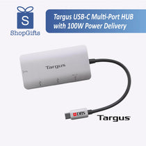 Targus USB-C hub with HDMI, USB-A, Ethernet, and Power Delivery ports.
