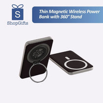 Kinetic Pro Magnetic Wireless Power Bank in silver with rotating ring stand and visible internal gears _ corporate gift