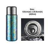 Blue and silver insulated bottle with size and capacity details