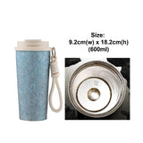 Blue travel mug with a white lid and handle, showing size dimensions and capacity.