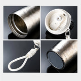 Collage of a metal container with a white rope handle on a dark background