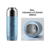 Blue insulated tumbler with size and brand information