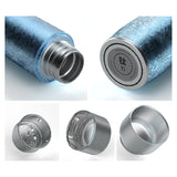 Metallic water bottle with detailed views of its components