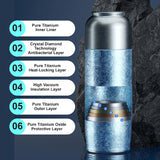 Titanium insulated can with layer description text on a dark background