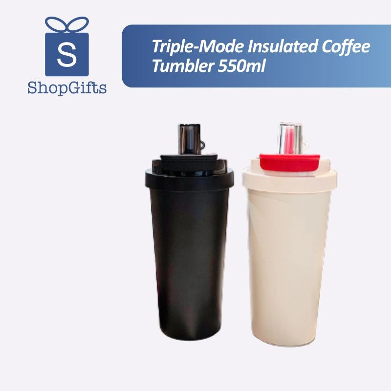 Matte black and cream Triple-Mode 316 Stainless Steel Tumblers with dual-drinking lids on a white background
