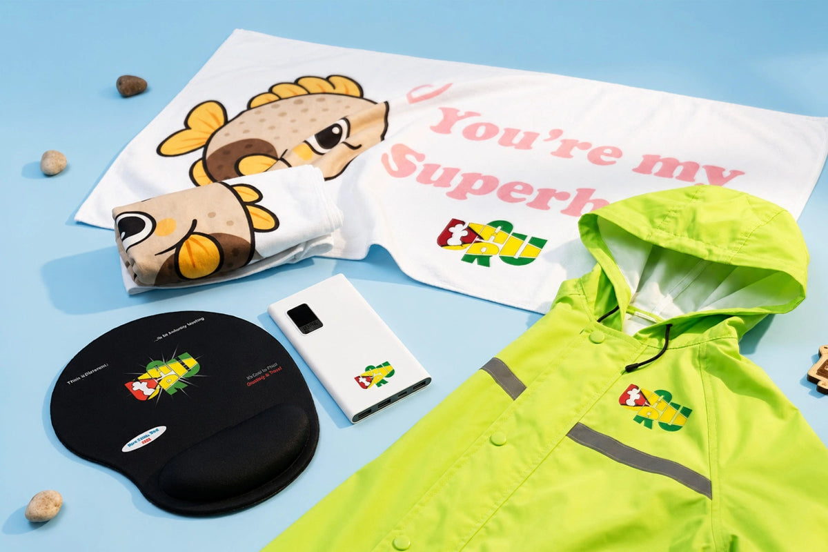 A flat-lay product display featuring a bright lime green raincoat, a white t-shirt, a black wrist rest, and a white towel, all decorated with a cartoon fish character and the text 'You're my Superhero' and 'EXU'.
