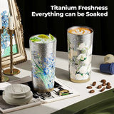 Elegant Van Gogh-inspired vacuum tumbler in pure titanium, designed for upscale corporate gifting.