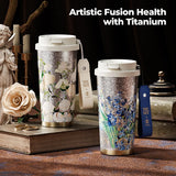Elegant Van Gogh-inspired vacuum tumbler in pure titanium, designed for upscale corporate gifting.