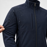 Water-Repellent 4-Way Stretch Corporate Jacket (J11) in navy, worn during an urban commute_corporate apparel singapore