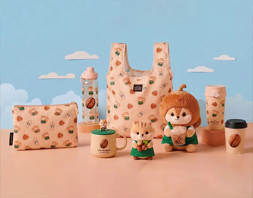 Set of cute coffee-themed products including a reusable bag, pouch, figurines, and cups on a pastel background.