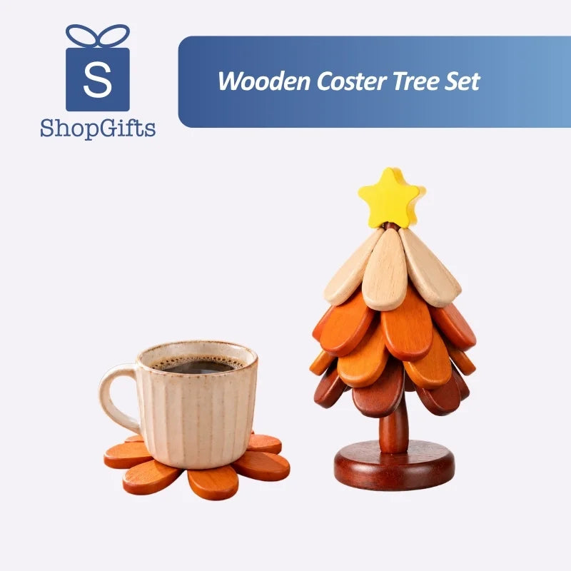 4pcs Wooden Coster Tree in natural and brown wood tones with a yellow star beside a coffee mug_customised Corporate Gifts