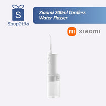 Xiaomi 200ml Cordless Water Flosser (MEO705) in white with clear ribbed tank on a bathroom counter